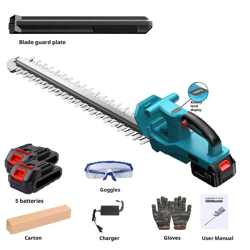 24V cordless lithium battery hedge trimmer with two batteries, charger, gloves, goggles and blade guard