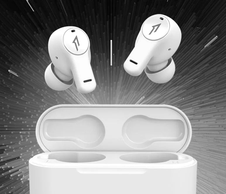 True wireless Bluetooth 5.0 in-ear earbuds in pearl white or black, sports waterproof, 10m transmission radius.
