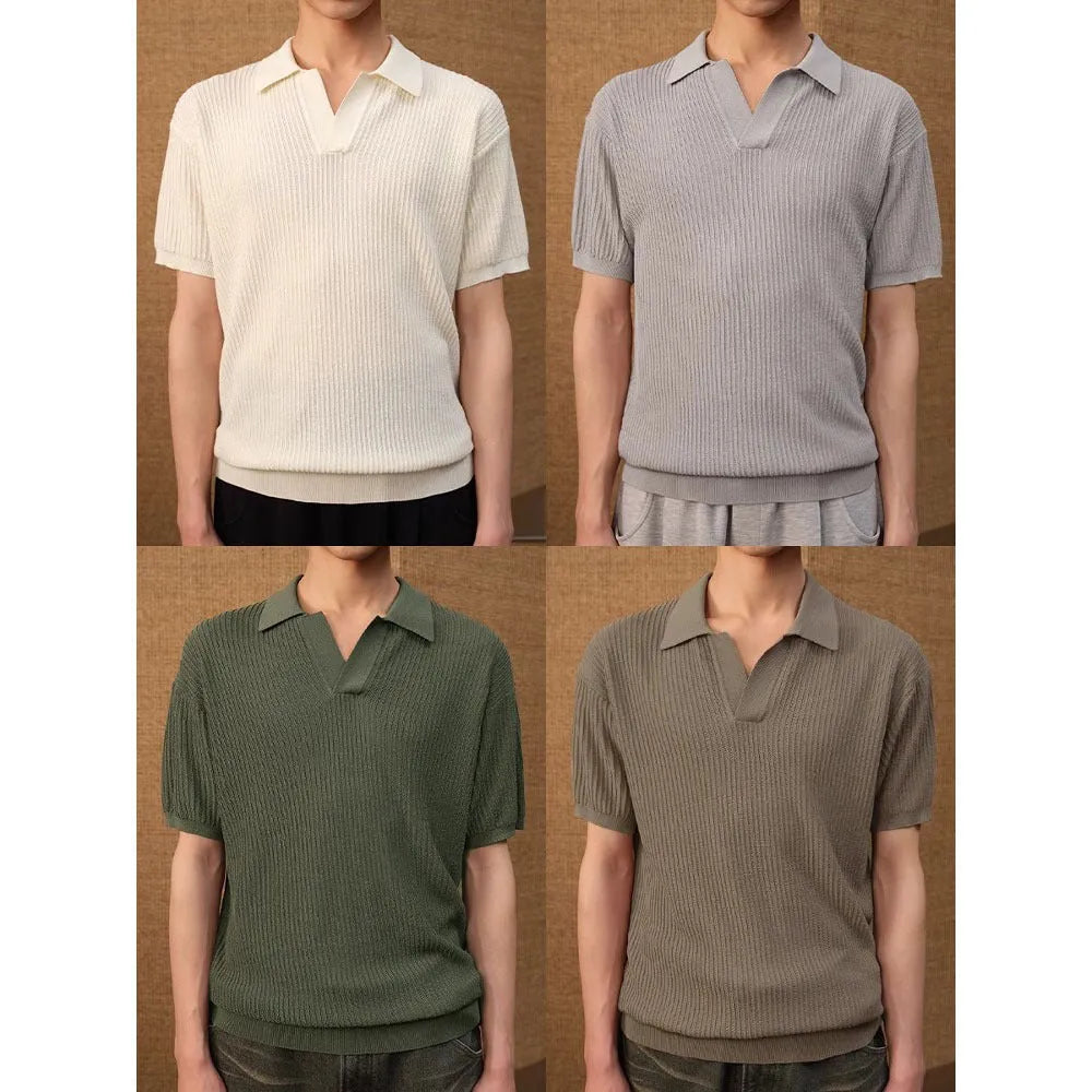 Men's casual polo shirt with business stripes in polyester blend fabric
