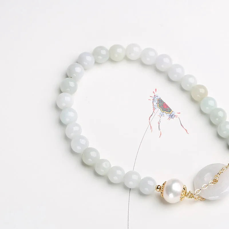Natural emerald jade peace buckle pearl bracelet with round pendant and geometry clasp