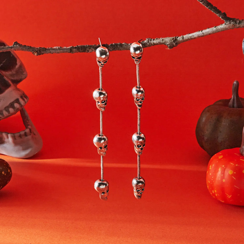 Long skull fringe earrings in electroplated alloy with pumpkin skull charm, women's dangle style, one pair