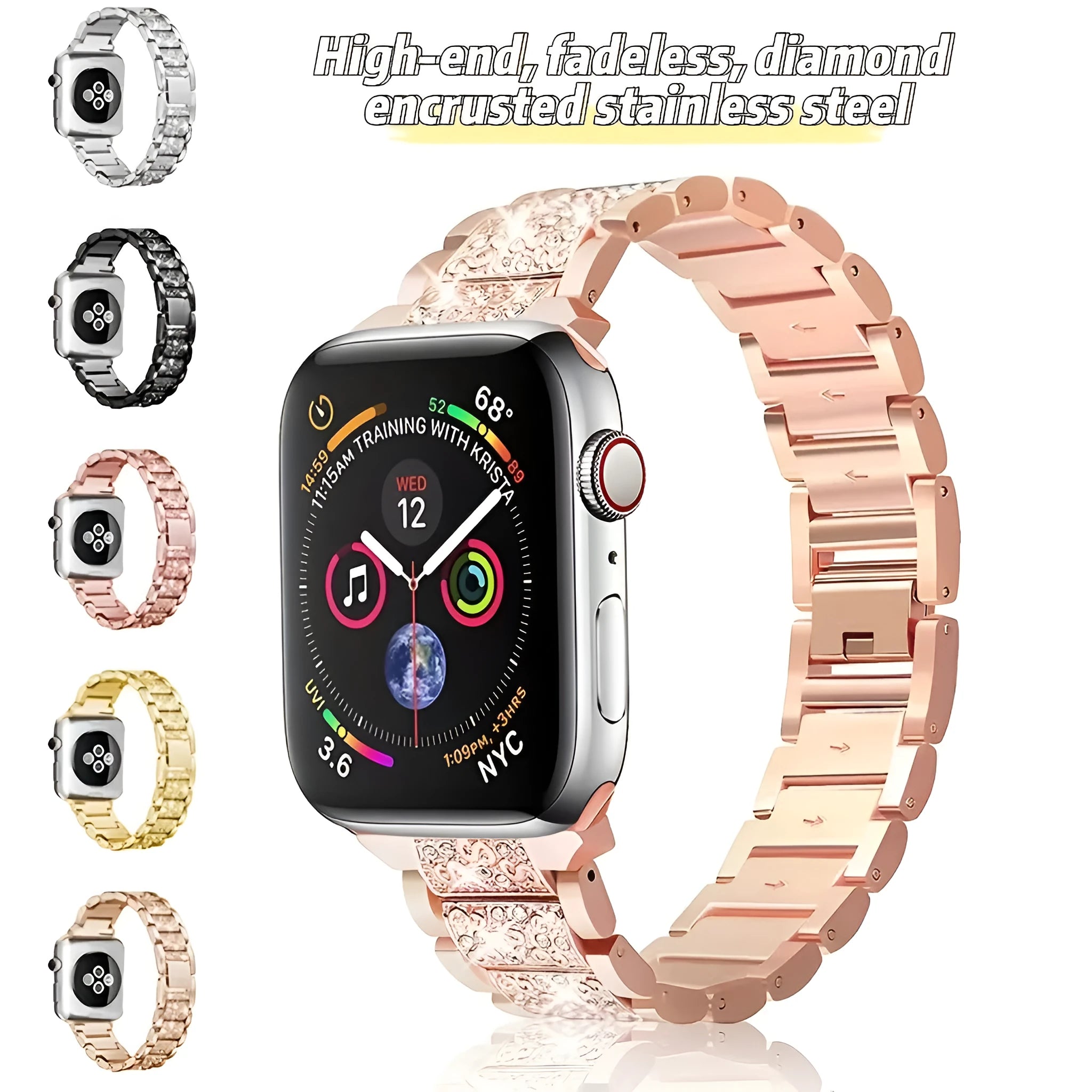 Metal diamond-encrusted watch band in stainless steel with shiny crystals on a black background
