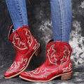 Blue women's cowboy boots with embroidery detail, wedge heel, and pointed toe.