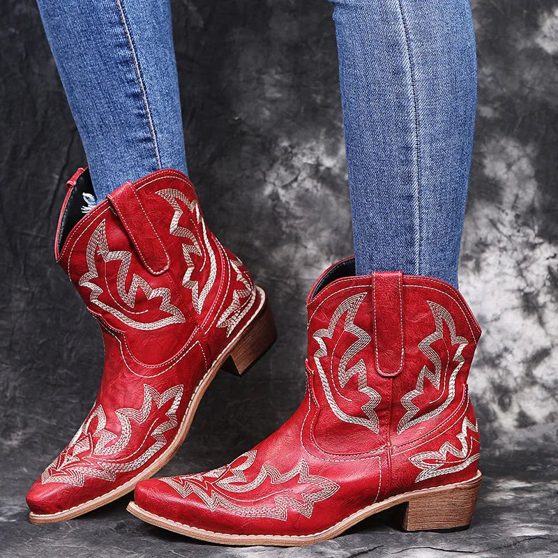 Blue women's cowboy boots with embroidery detail, wedge heel, and pointed toe.