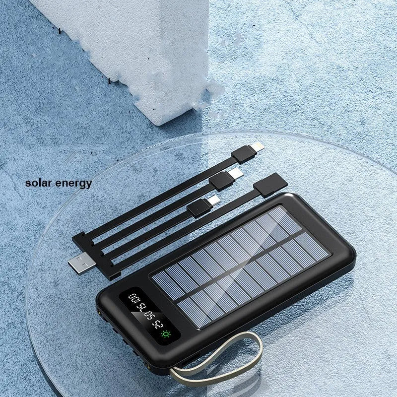 Solar power bank in black or white with solar panel, showing compact size of 144x68x16mm