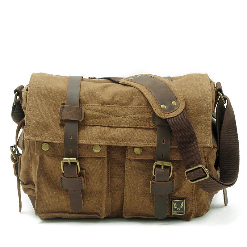 Men's retro canvas crossbody shoulder bag with flap closure and cowhide trim in Army Green colour.
