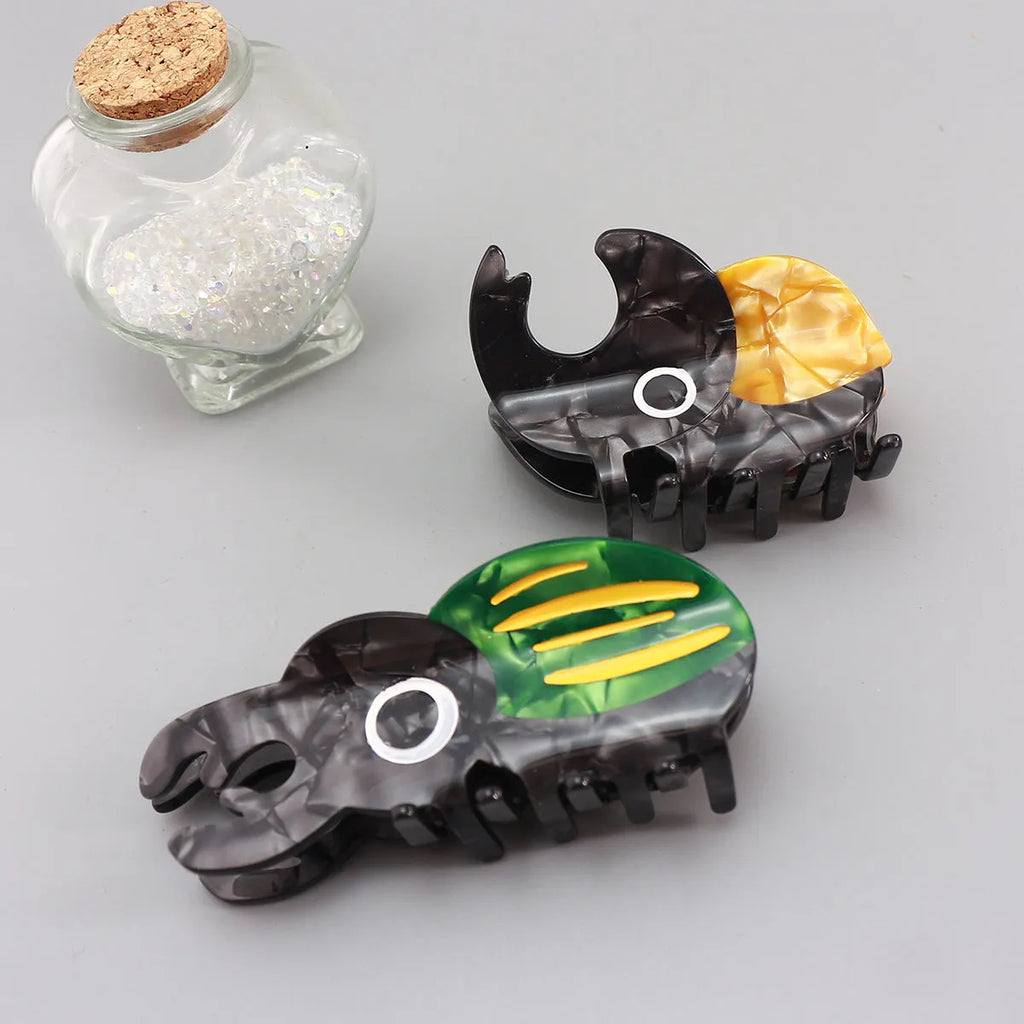 Handmade cellulose acetate beetle hair clip with cartoon insect design in green, orange, or white