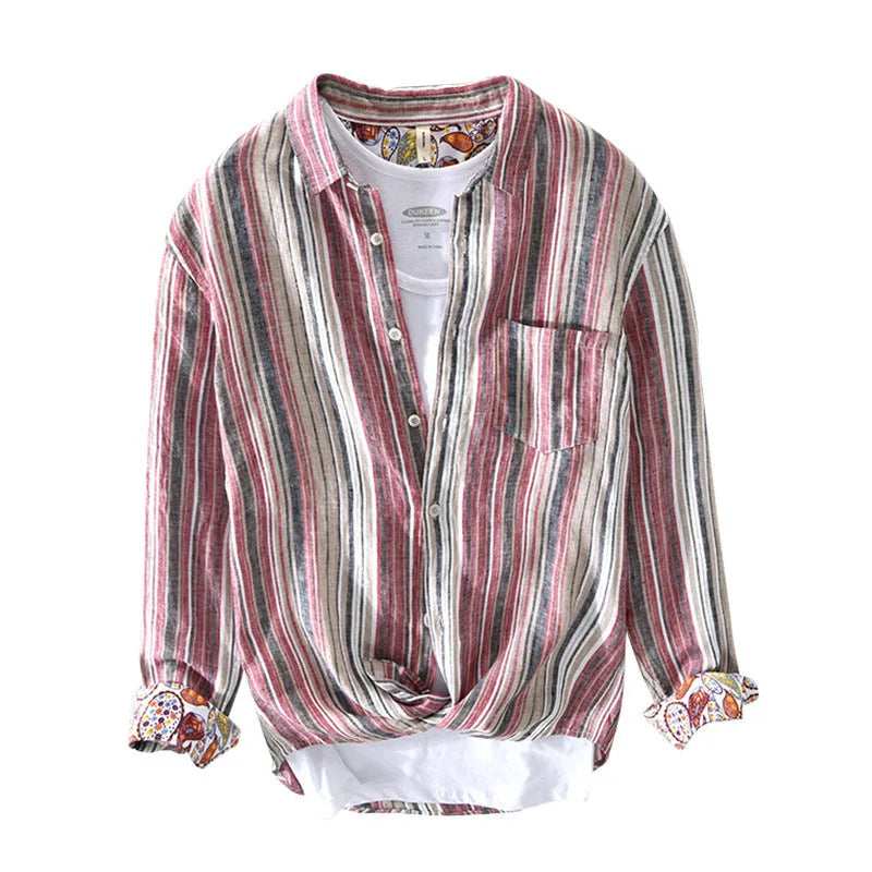 Men's striped linen shirt in red or grey with long sleeves and loose fit