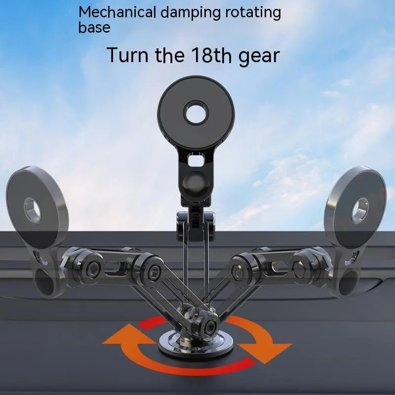 Black magnetic car phone holder with suction base and 360-degree rotation mechanism for universal smartphone mounting