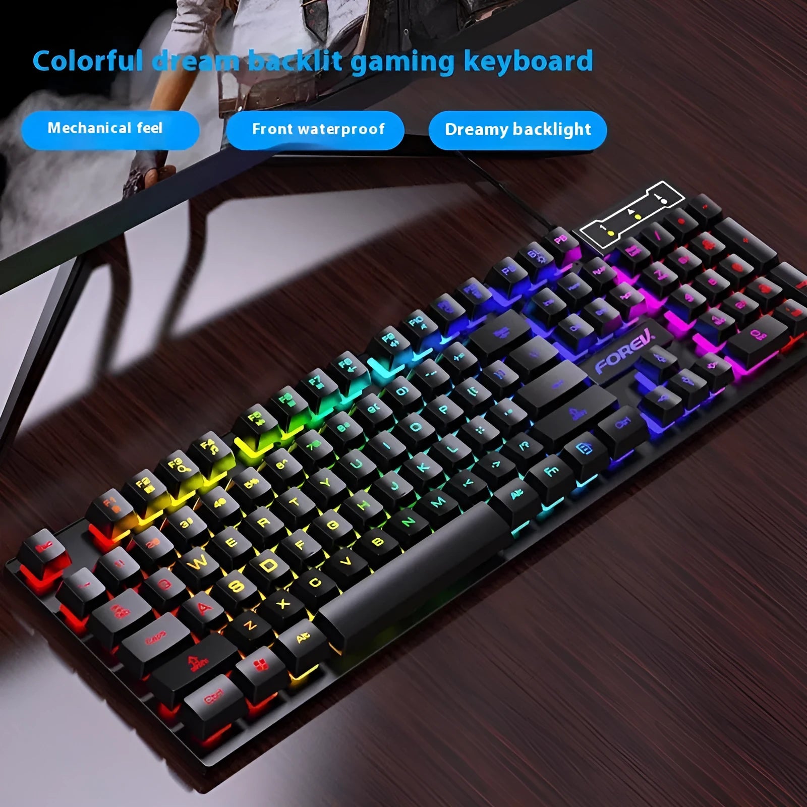 Black 104-key gaming keyboard with backlight and matching mouse on desk