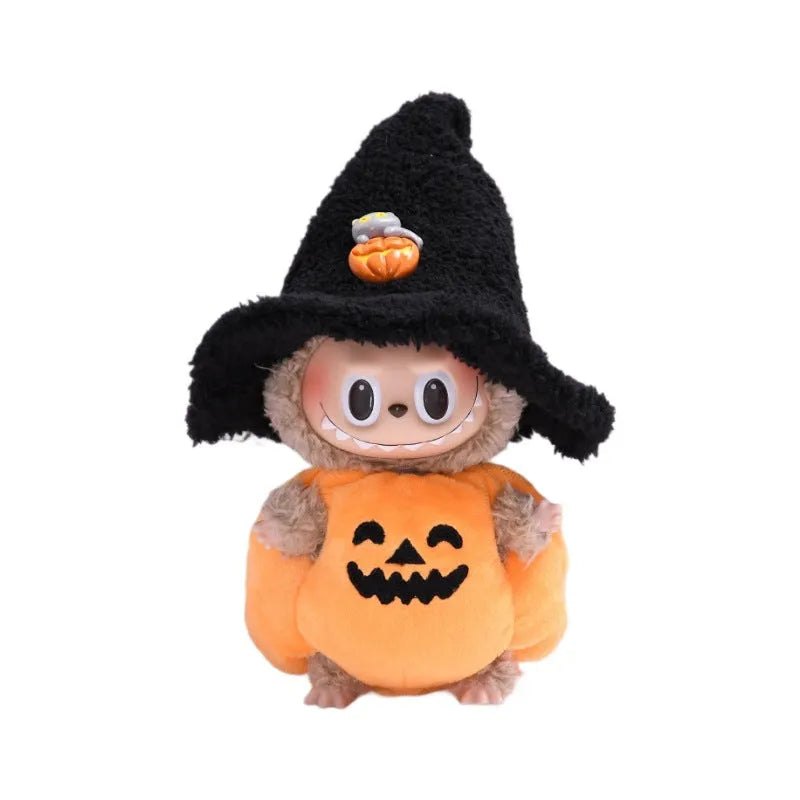 Halloween pumpkin doll clothes with black hat, plush doll outfit and hat set for doll or hanging ornament use