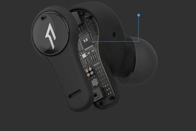 True wireless Bluetooth 5.0 in-ear earbuds in pearl white or black, sports waterproof, 10m transmission radius.