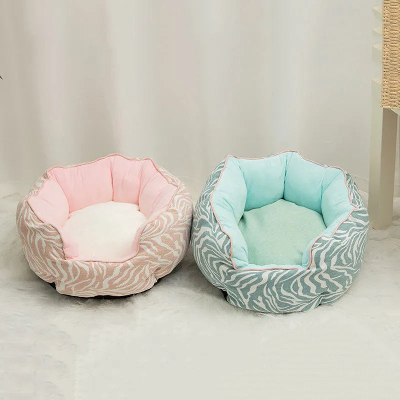 Blue octagonal pet bed with removable mat for cats and small dogs