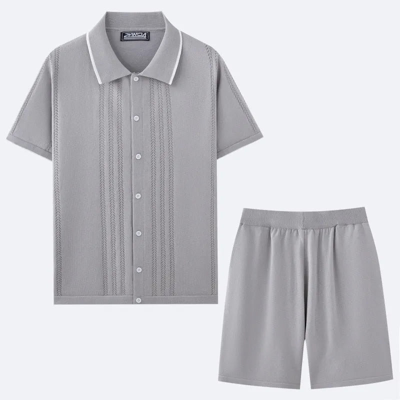European and American business casual two-piece set in khaki, dark blue, black, light blue, grey, and wine red featuring short sleeve knit top and shorts.