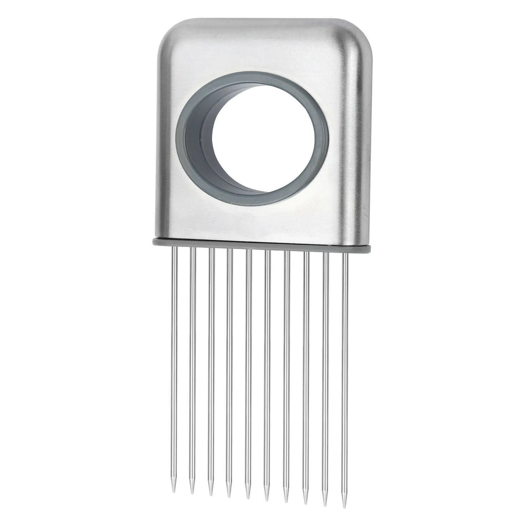 Stainless steel food slice assistant with onion holder and non-slip design
