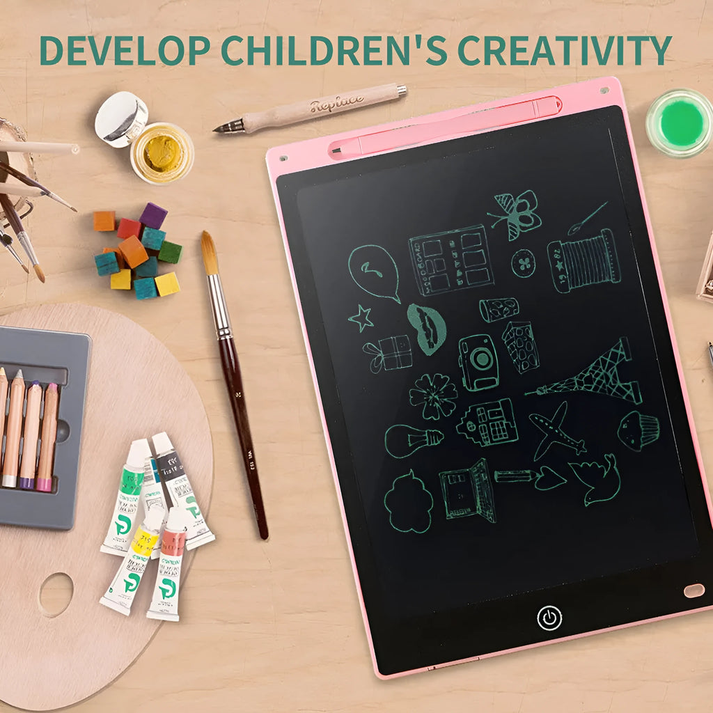 LCD drawing tablet for children with plastic stylus, shown as a light energy writing board in multiple sizes and colours