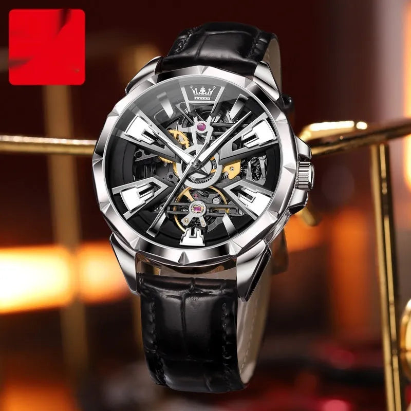 Men's automatic mechanical watch with hollow dial, stainless steel case and brown leather strap