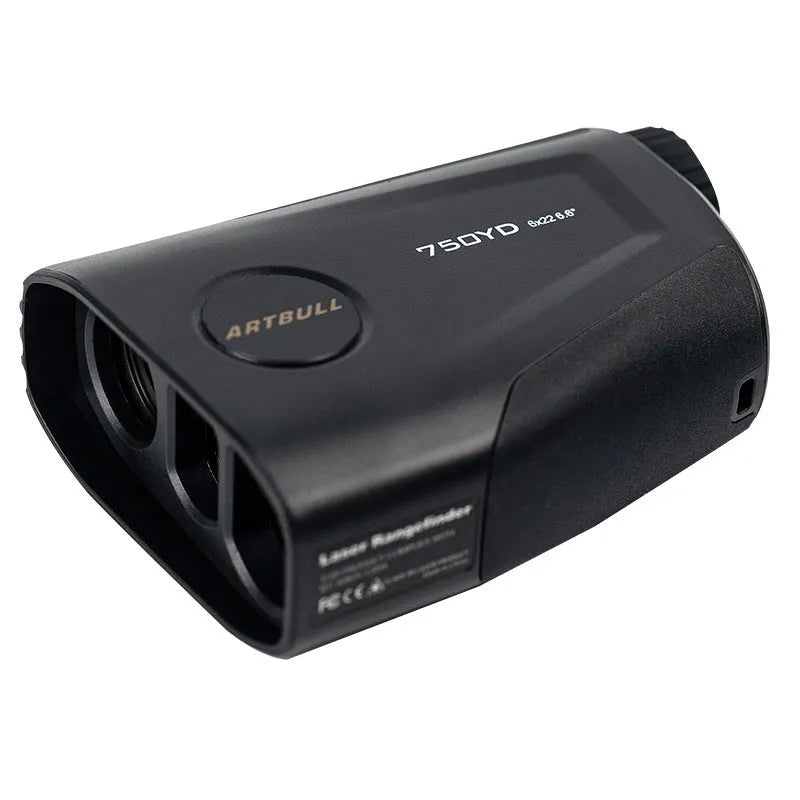 Golf laser rangefinder with LCD display showing distance measurement, USB Type-C charging port visible.