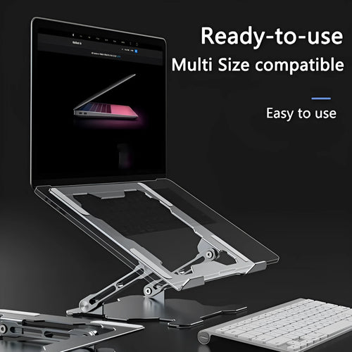 Grey adjustable aluminium laptop stand in folded and extended positions showing hollow panel design