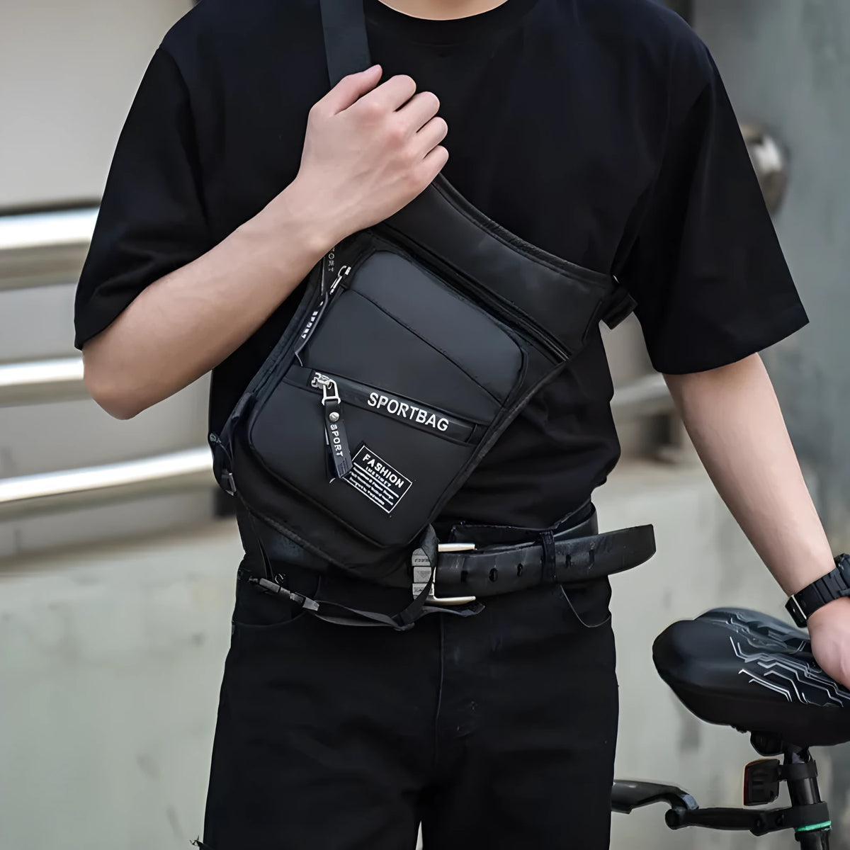 Outdoor cycling leg bag multi-functional anti-theft waterproof nylon crossbody for men in black