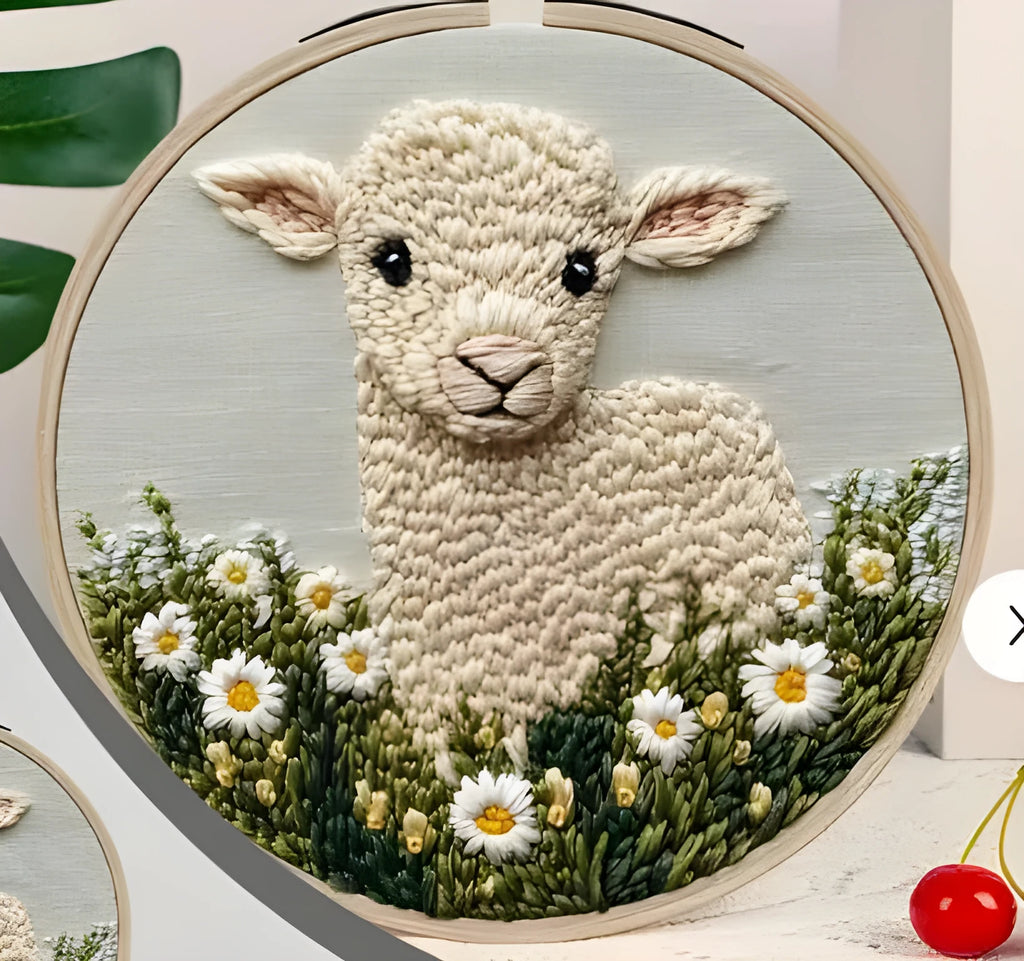 Cute cartoon embroidery pin punch kit with sheep style cloth material and hand-woven craft
