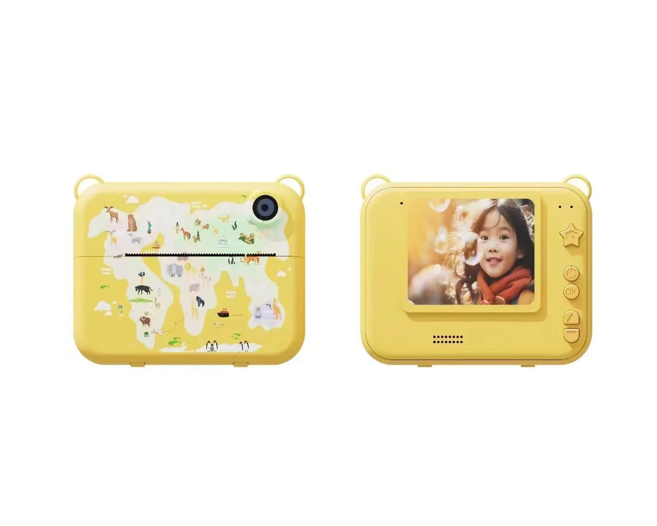 Children's SLR instant print camera in pink with ABS body showing front view