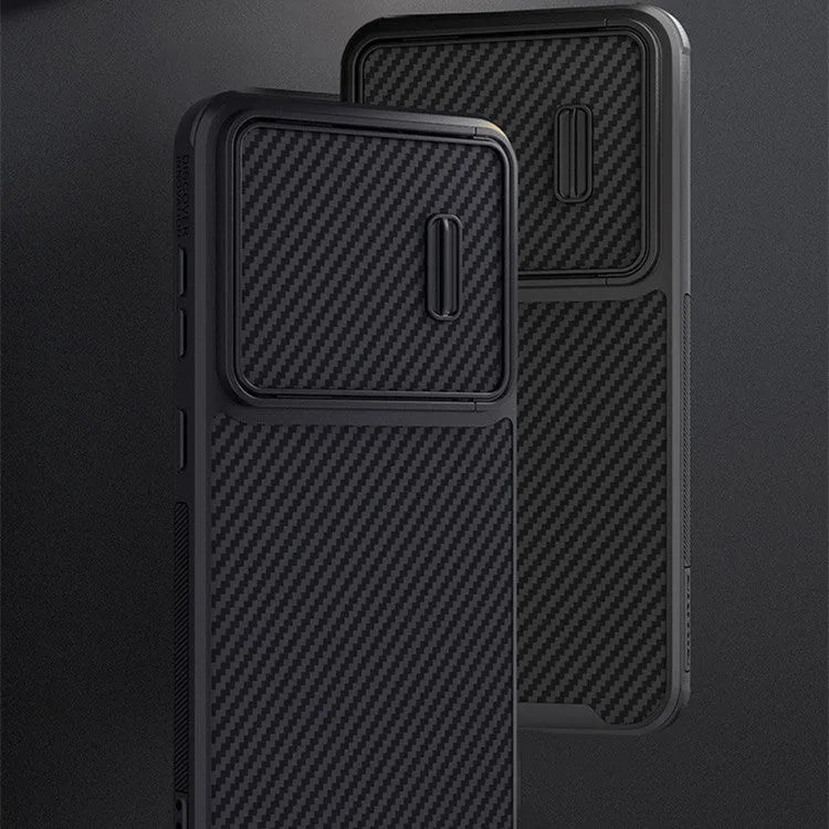 Black Samsung S23 Ultra phone case with a sliding cover over the rear camera lenses.