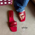 Square toe leather slippers with rubber sole in black, red, silver, or white colours for sizes 35 to 42