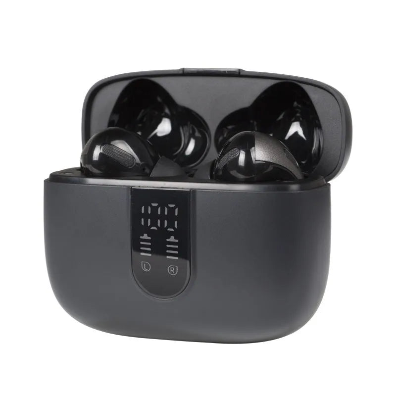 Jerry X08 wireless Bluetooth headset with digital display and USB charging case in black, grey or white