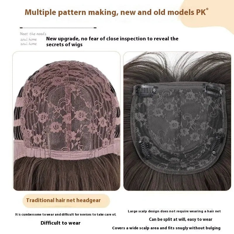 Full-head black straight layered synthetic wig with adjustable straps and natural-looking bangs