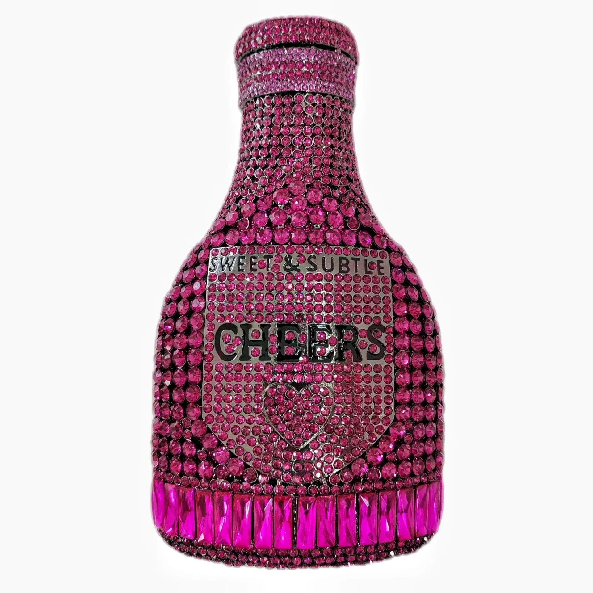 Gold champagne bottle shaped evening clutch with rhinestone decoration on black background