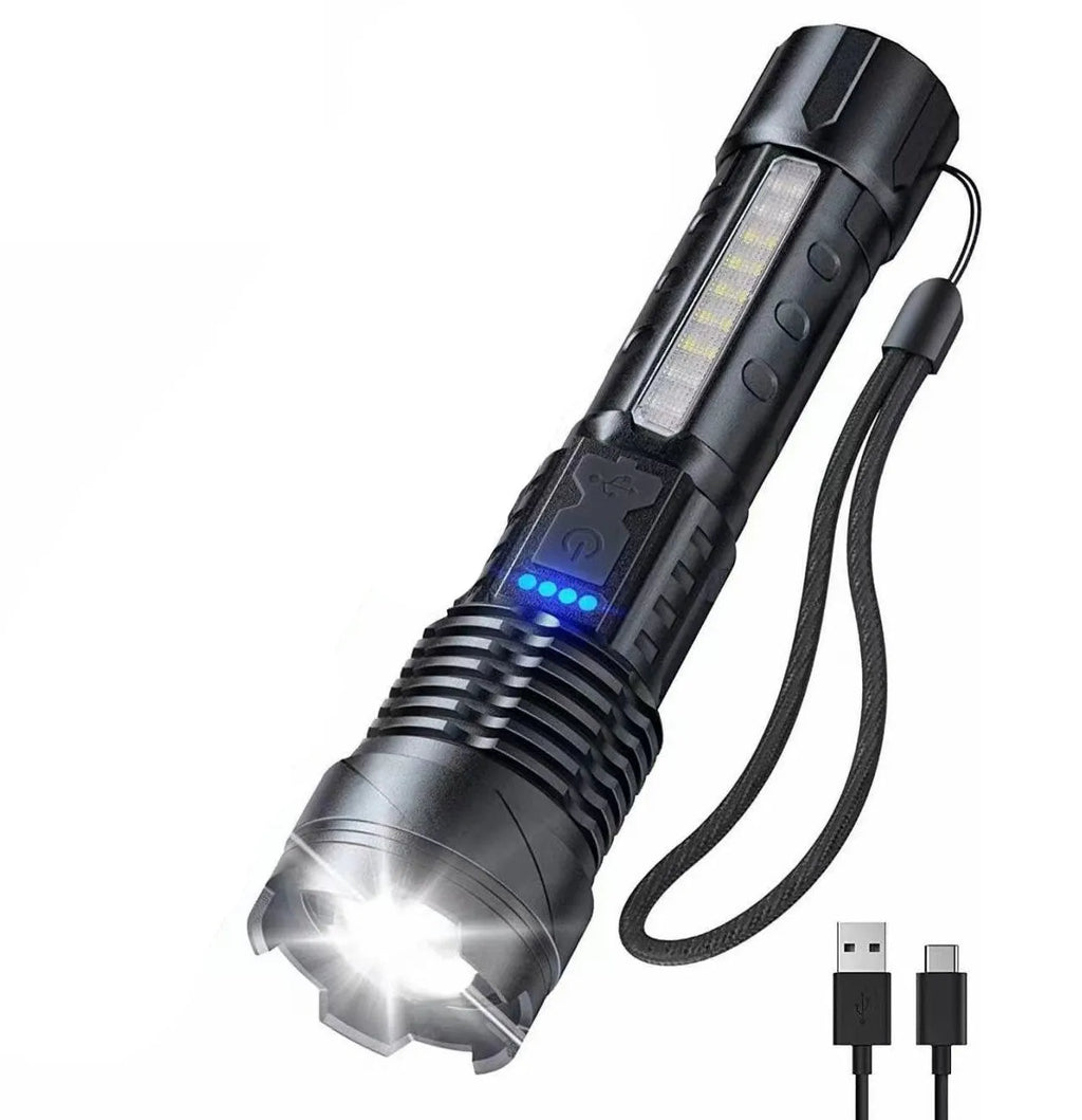 Aluminium alloy power torch with telescopic zoom, 30W output, A76 P50 lamp beads, and charging cable.