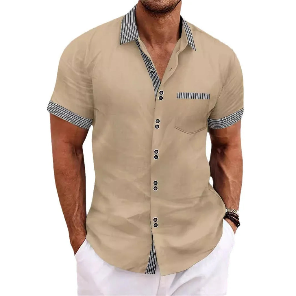Man wearing a striped slim fit pure cotton short sleeve casual shirt with a double button placket