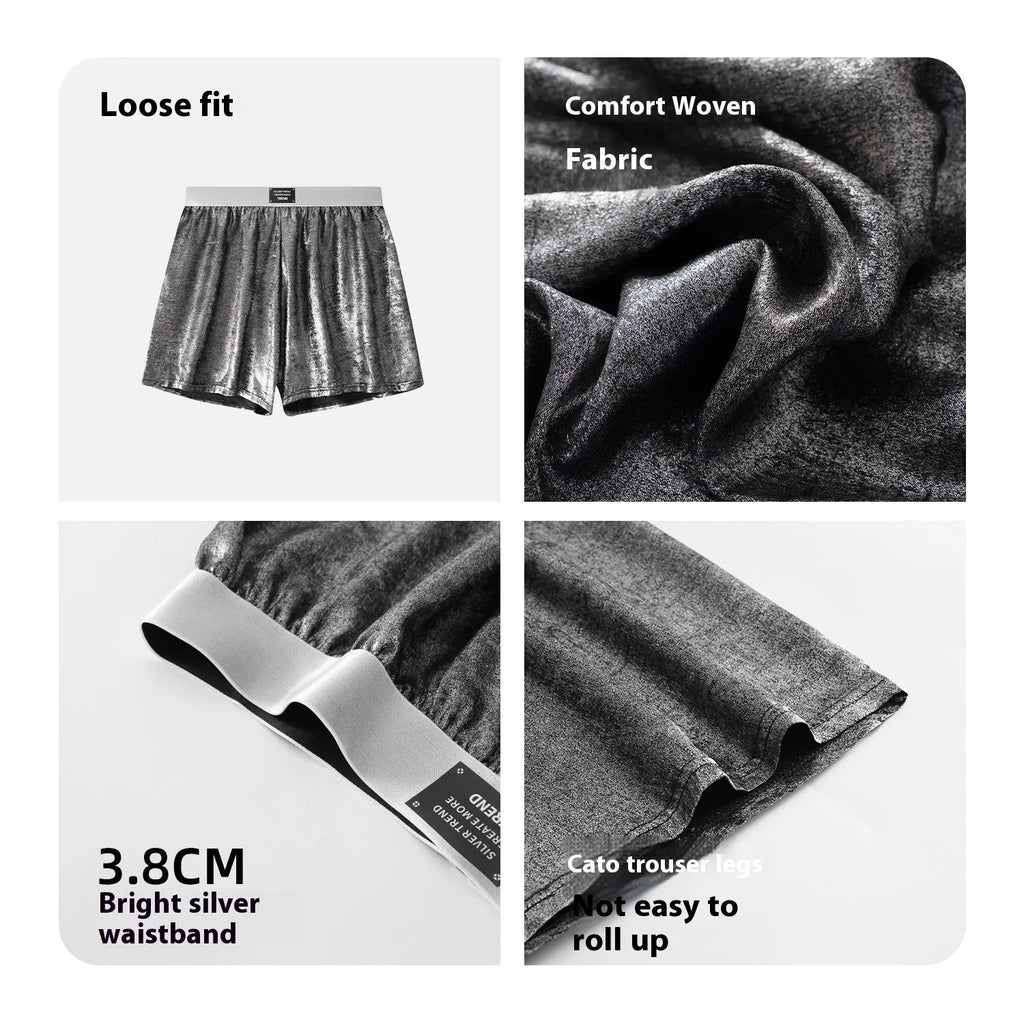 Men's casual woven underwear in reflective silver with mid-waist design for sports activities