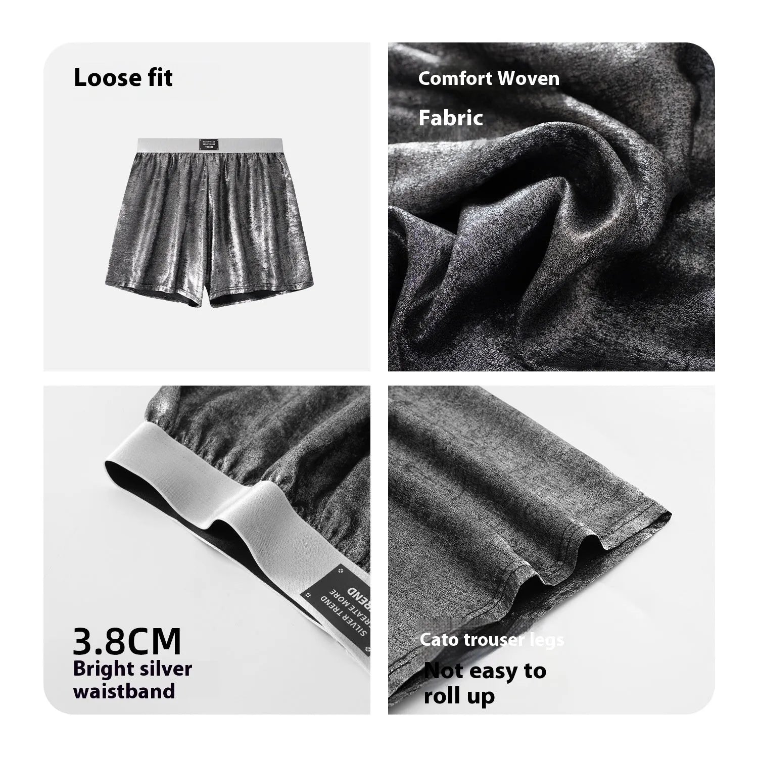 Men's casual woven underwear in reflective silver with mid-waist design for sports activities