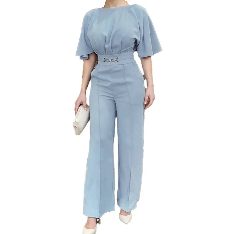 Blue men's two-piece polyester suit with long sleeves and trousers on a hanger