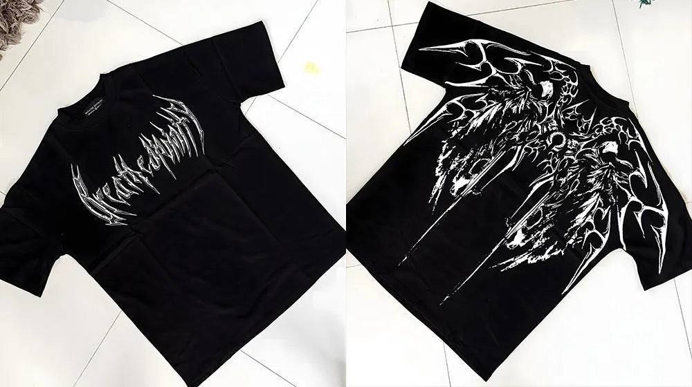 Dark style loose fit men's cotton T-shirt with gilding detail on short sleeves
