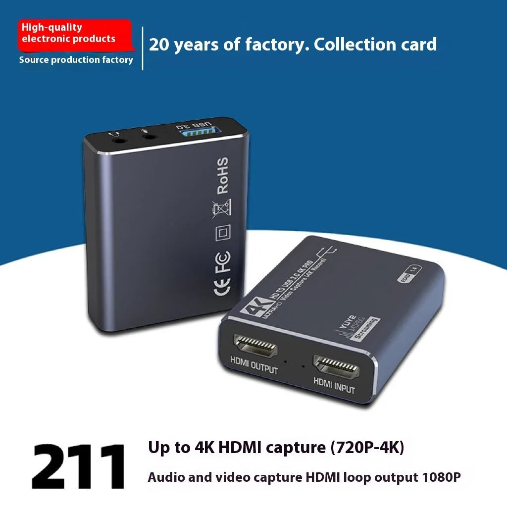 Black 4K set-top box for gaming recording and 1080p media streaming with data cable