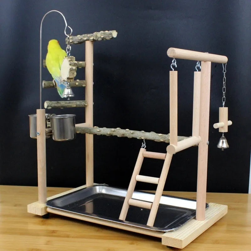 Large wooden parrot activity stand made from pepper wood with multiple vertical climbing poles.