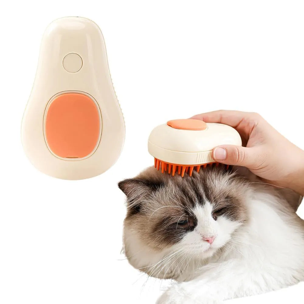 Green and white rechargeable 3-in-1 cat steam brush with silicone teeth and water spray.