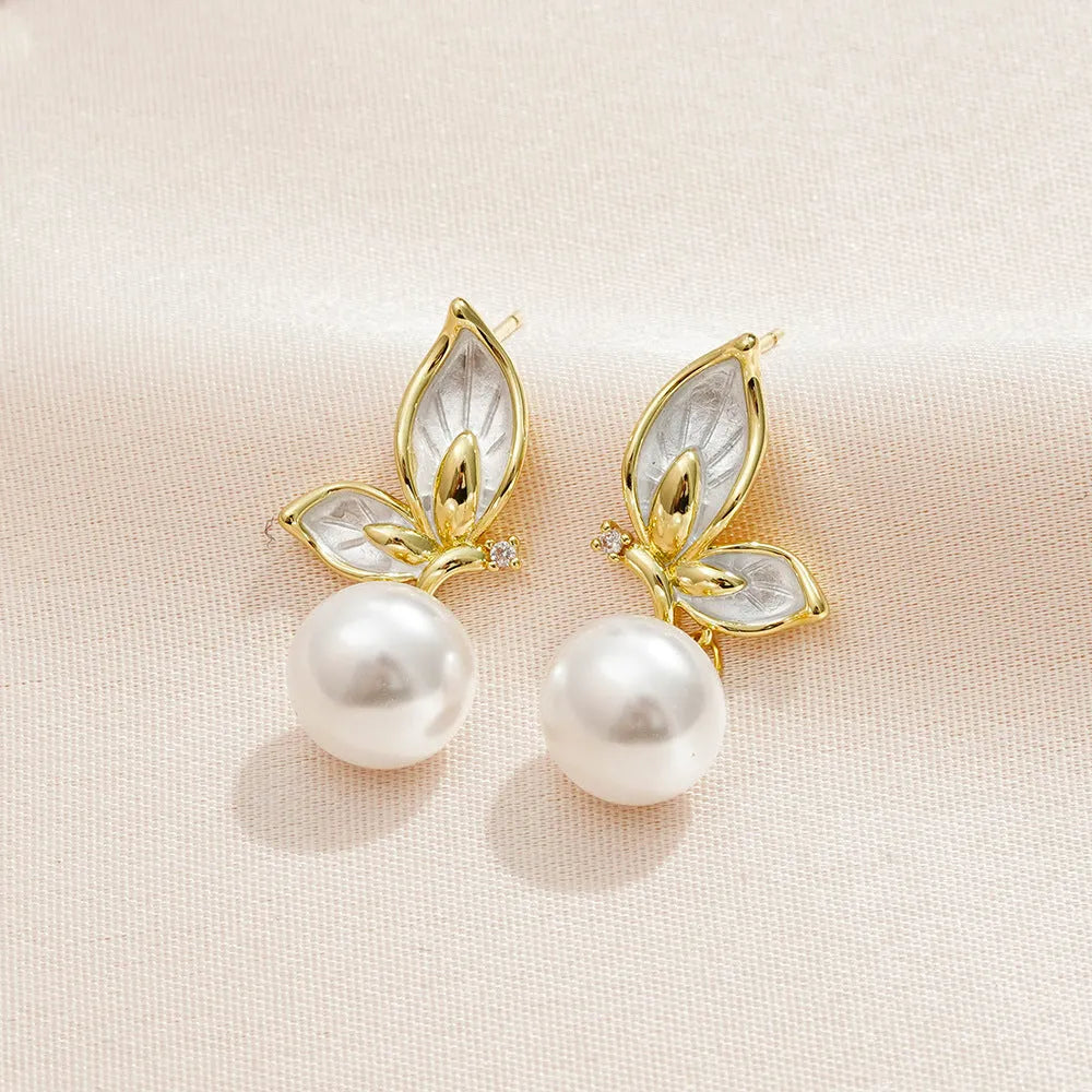 Copper butterfly earrings for women with electroplated finish and zircon painting details