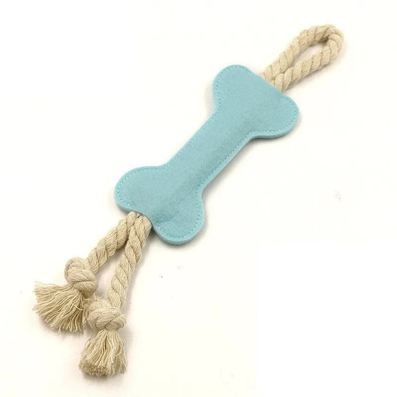 Bone-shaped dog training toy with rope knot texture in blue colour showing 16cm length