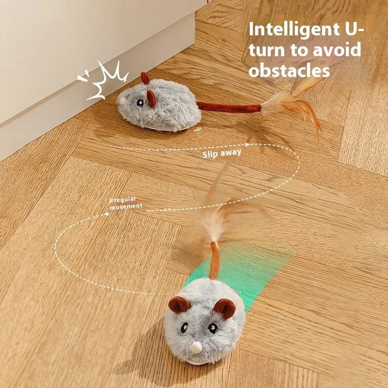 Electric interactive cat toy with rotating pole and moving plush mouse in dark grey, pink, or purple colours