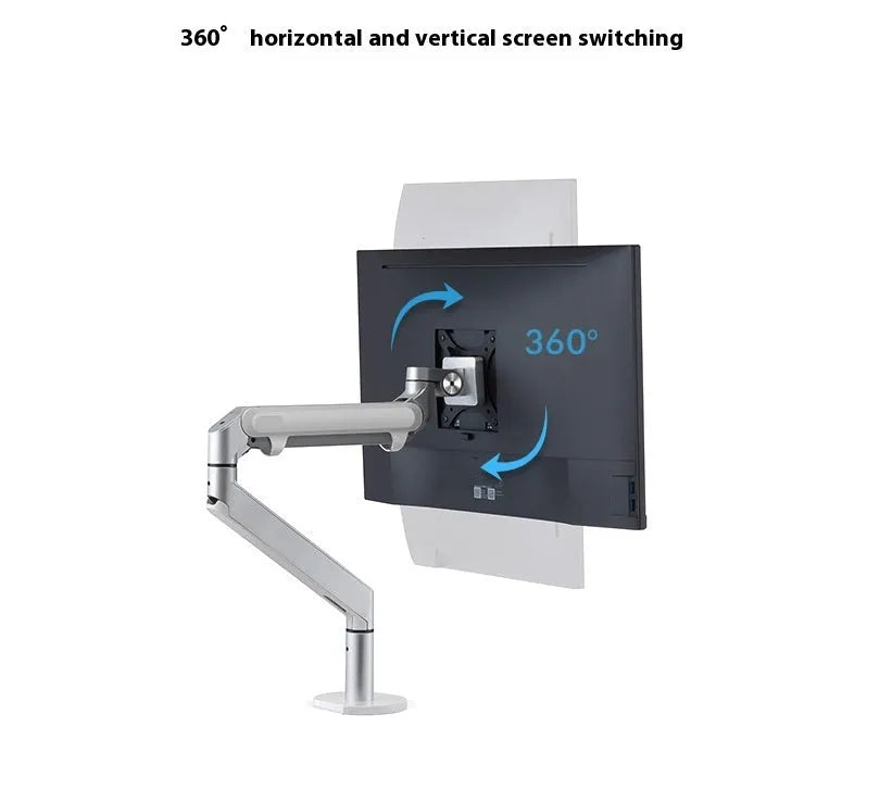 Black aluminium laptop stand with adjustable arm bracket raised above a desk.