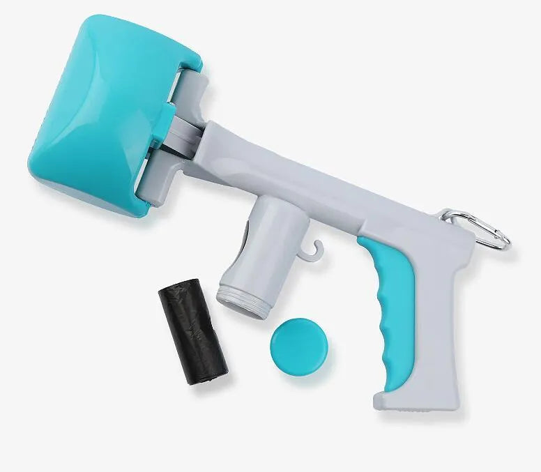 Blue plastic extended handle toilet clamp for pet waste pickup on a white background