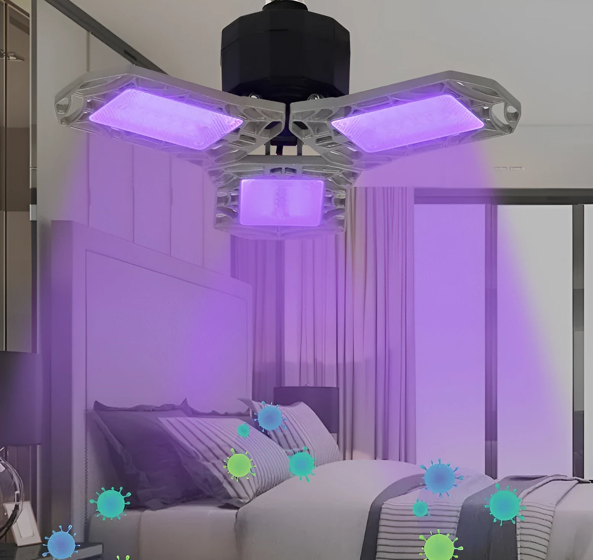 Folding LED garage light with white and purple modes, E27/E26/B22 base, silver grey