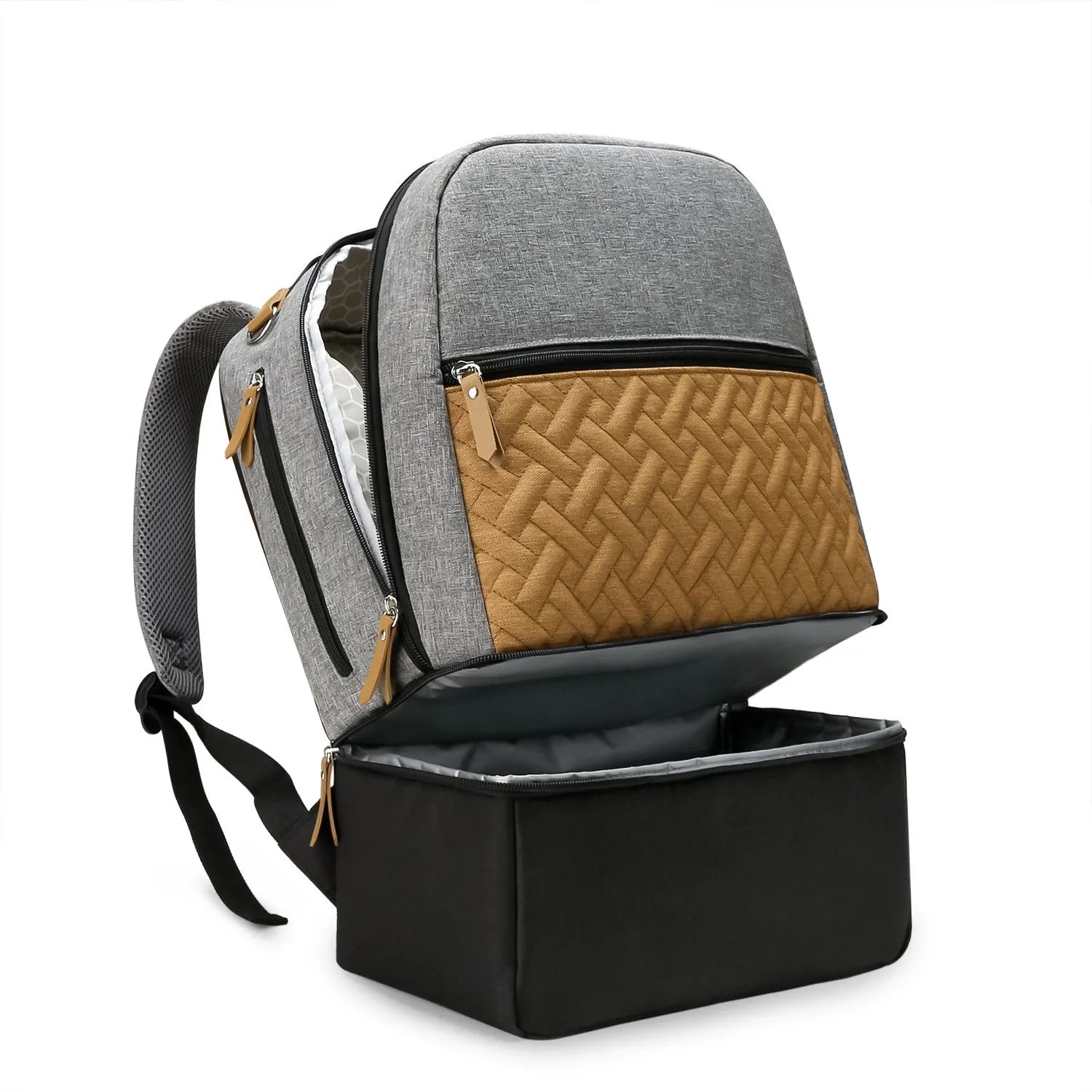 Grey insulated mother and child travel backpack with curved shoulder straps showing interior organisational compartments