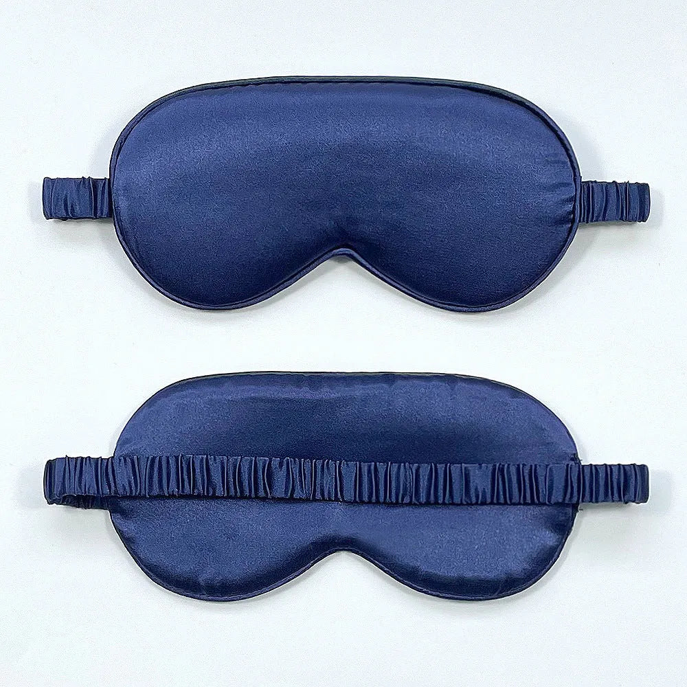 Double-sided rayon elastic satin sleep mask shown in multiple colour options including black, sky blue, and wine red.