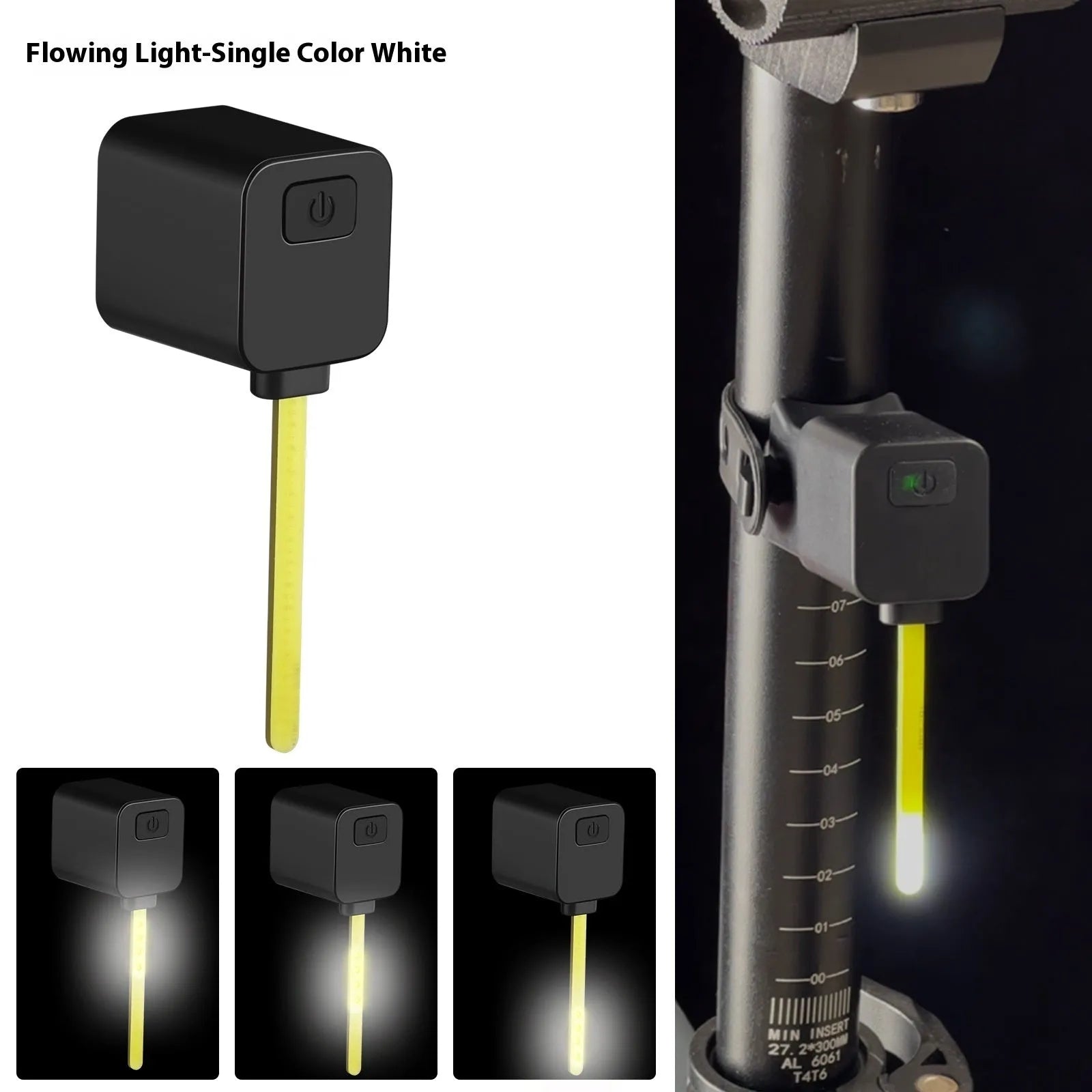 USB rechargeable bicycle running water tail light with silicone strap mount on a bike seat tube.