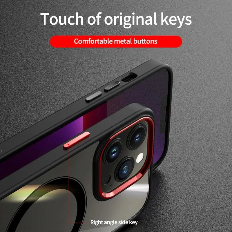 Magnetic suction shell phone case with metal lens frame and acrylic back for iPhone, black edge red frame